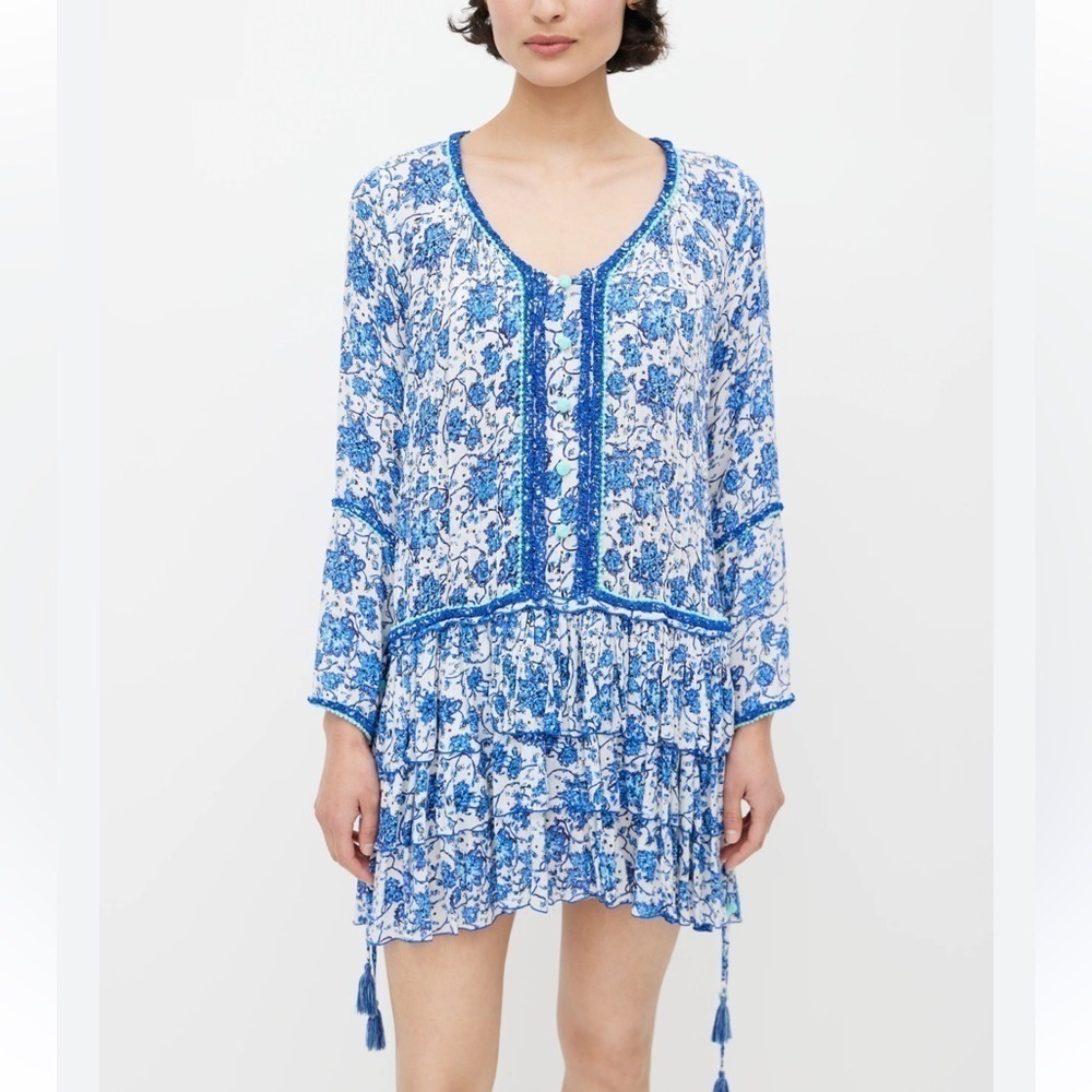 Poupette St Barth Blue floral tiered mini dress tassels